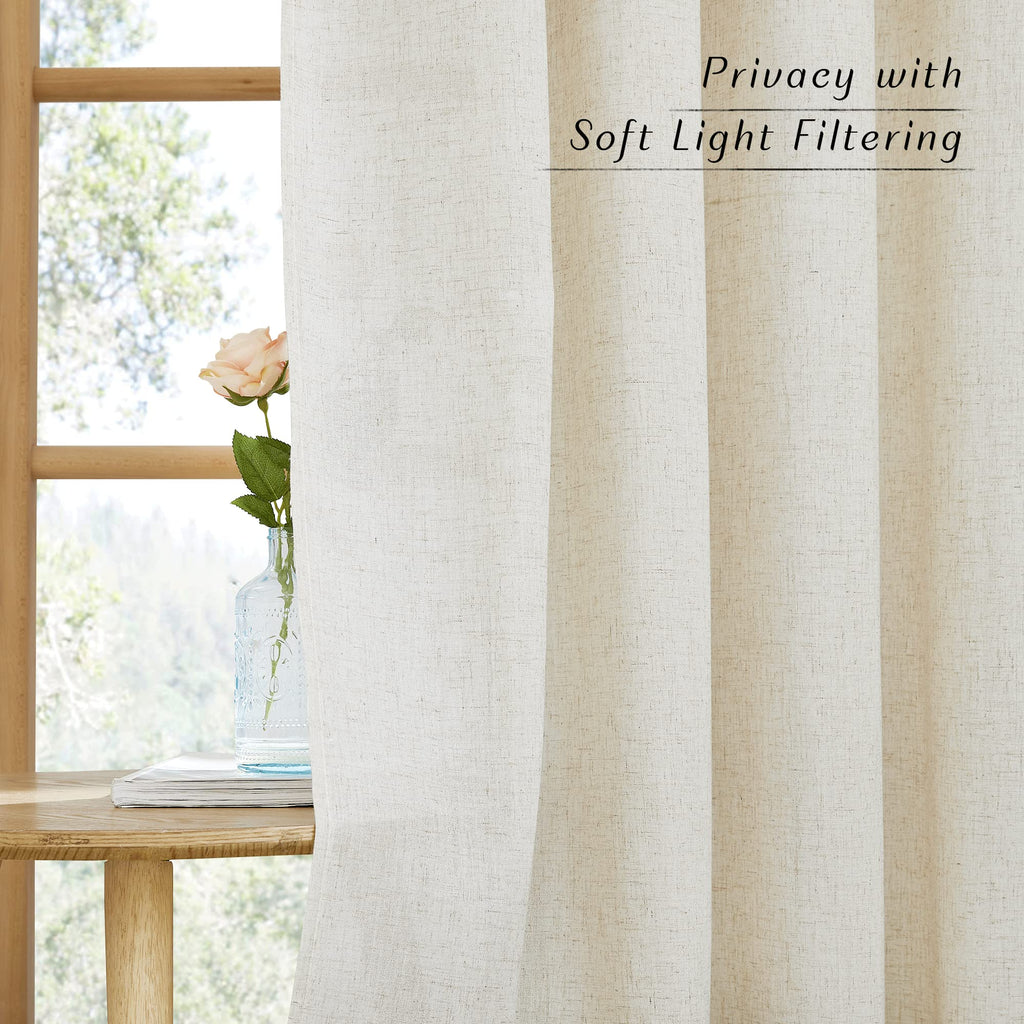 Natural Linen 144 inch Long Curtains, Rod Pocket & Back Tab Thick Flax Privacy Semi Sheer Window Treatments with