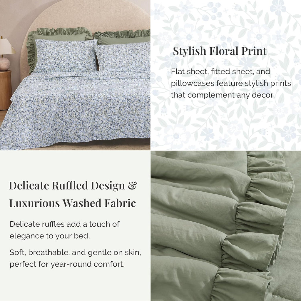 Queen Comforter Set - 7 Pieces Ruffle Sage Green Bedding Sets