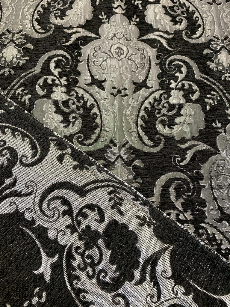 Damask, Chenille, Upholstery, Drapery Fabric, Sold By the Yard 58" Wide (Silver/Black)