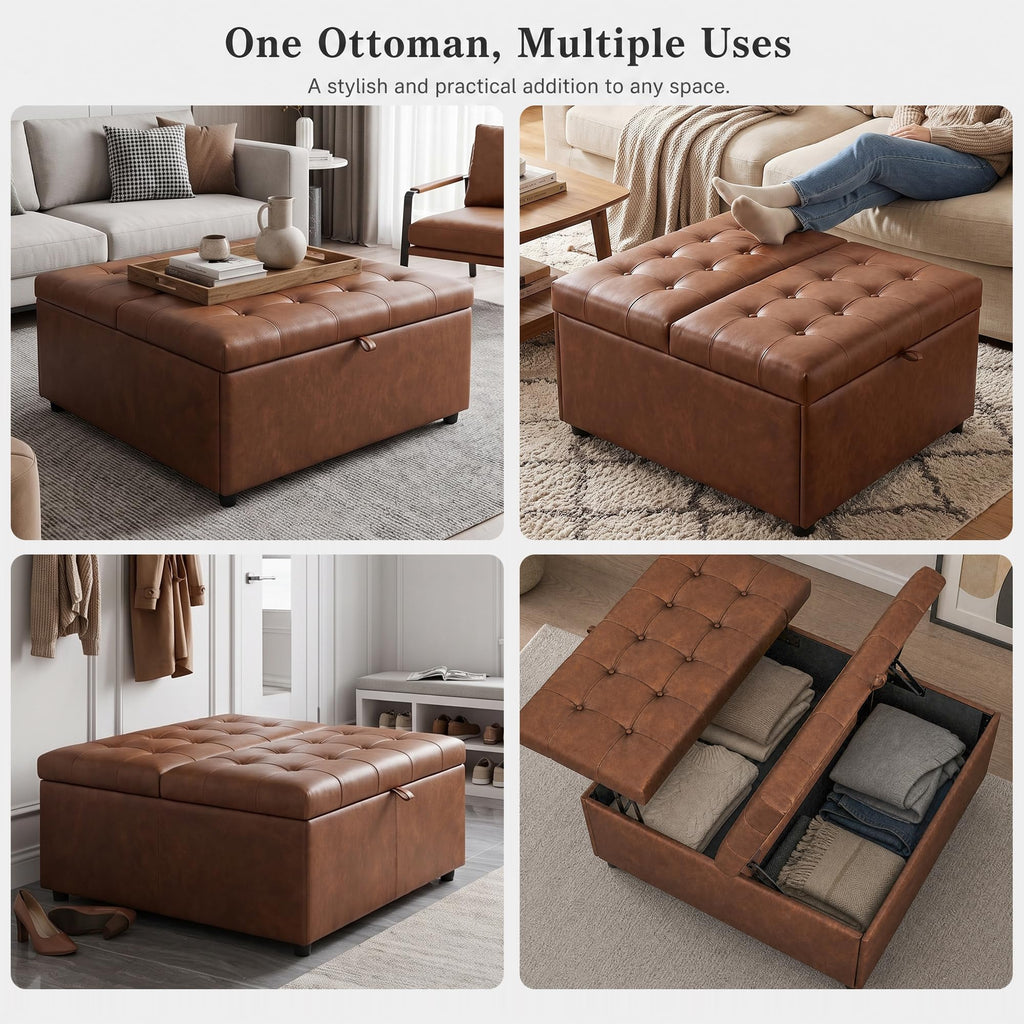 36 Inch Extra Large Brown Leather Lift Top Living Room Storage Ottoman