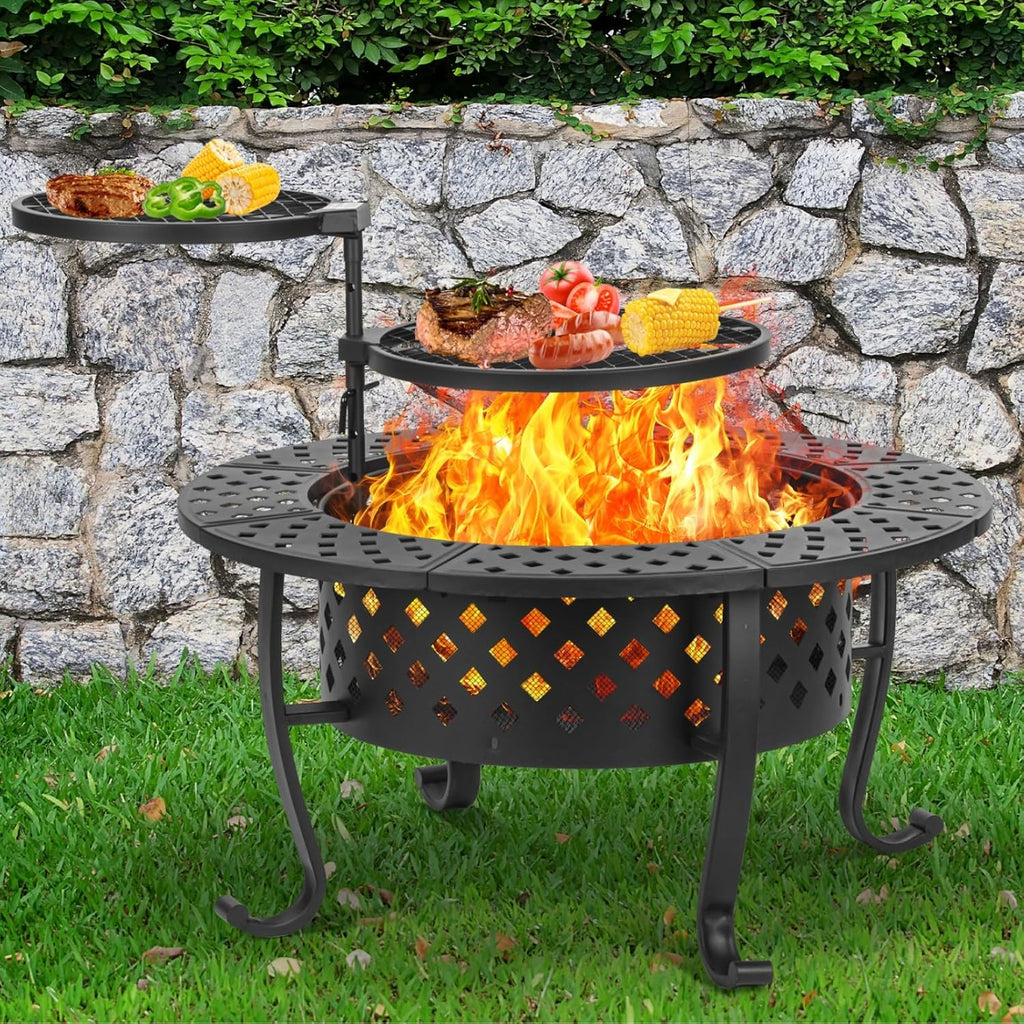 36 Inch Fire Pit with 2 BBQ Grills, Wood Burning Fire Pits for Outside with Lid & Fire Poker