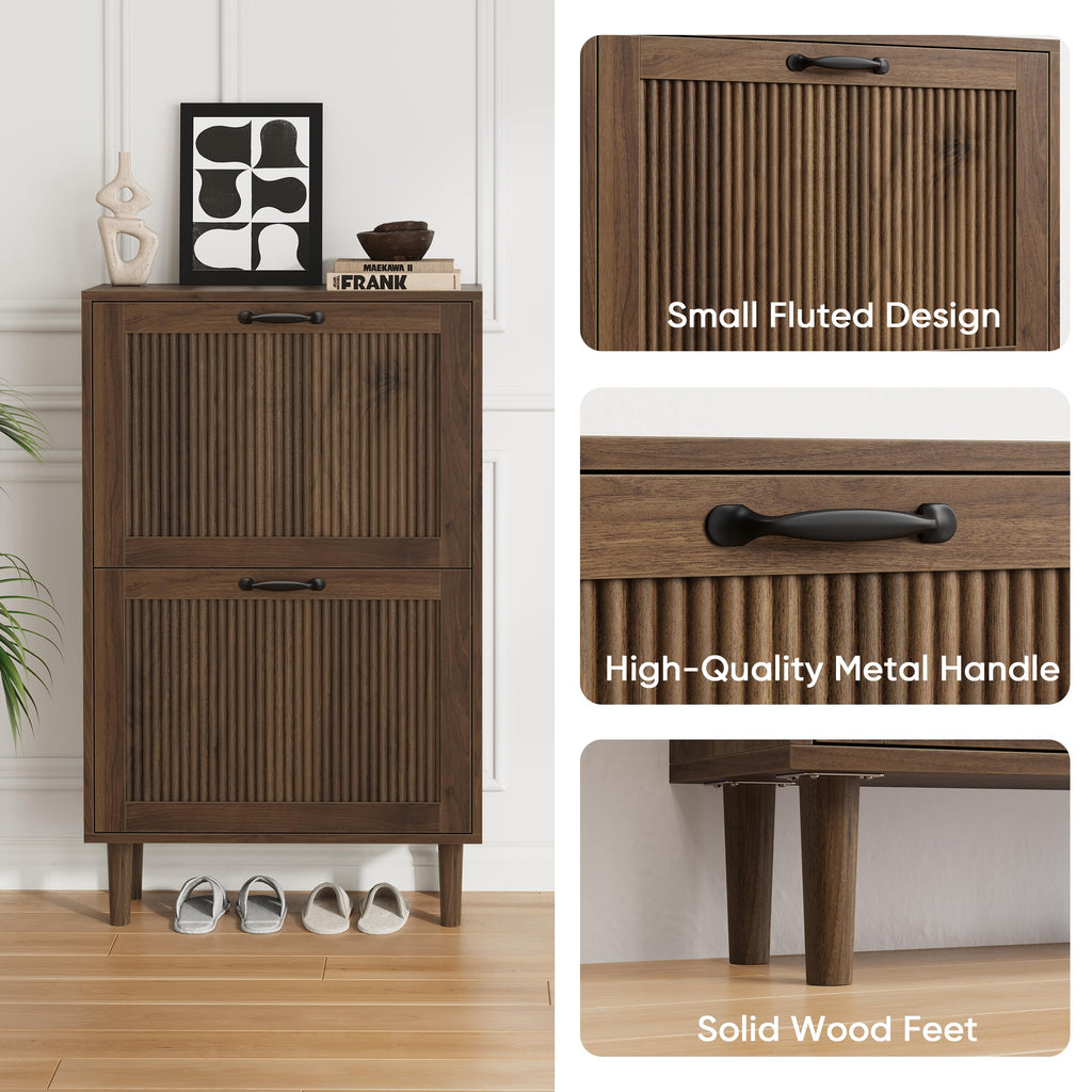 Walnut Shoe Cabinet with 2 Flip Drawers, 23.6" Hidden Shoe Storage Cabinet with Small Fluted Doors, Freestanding Shoe