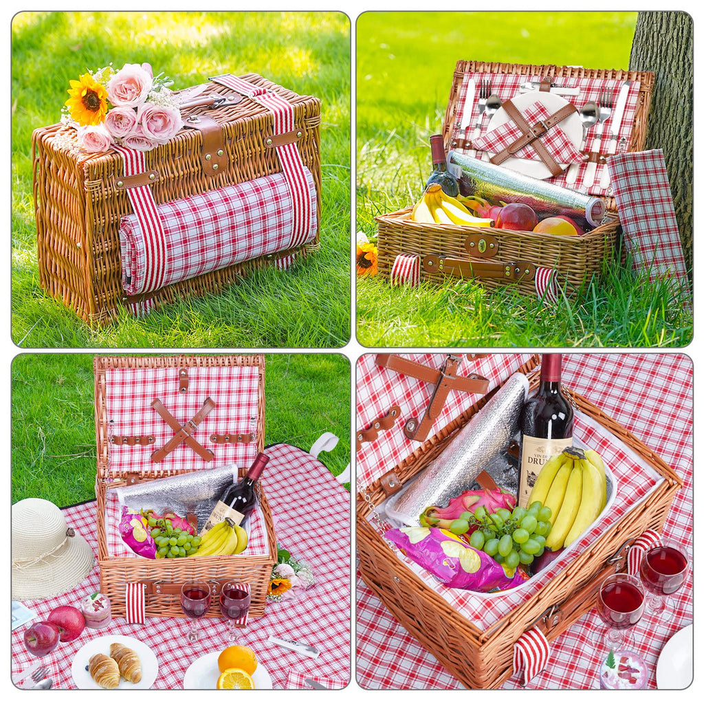 Willow Picnic Basket Set for 2 Persons with Blanket, Red Check