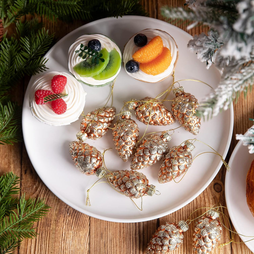 Christmas Pinecone Glass Hanging Ornaments, Xmas Tree Pinecone Decor - Set of 12