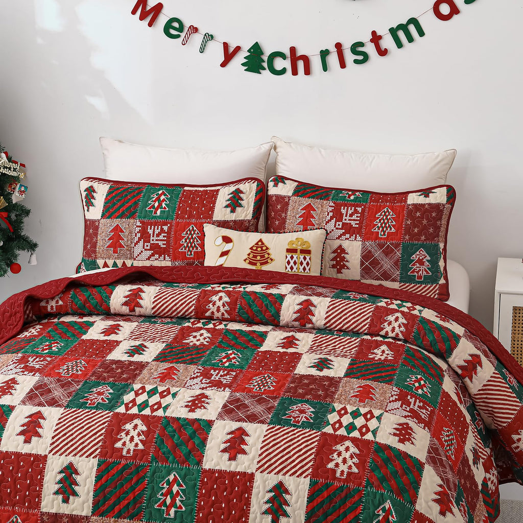 Christmas Quilt King Size, 3 Pcs Red Bedspread Bedding Set