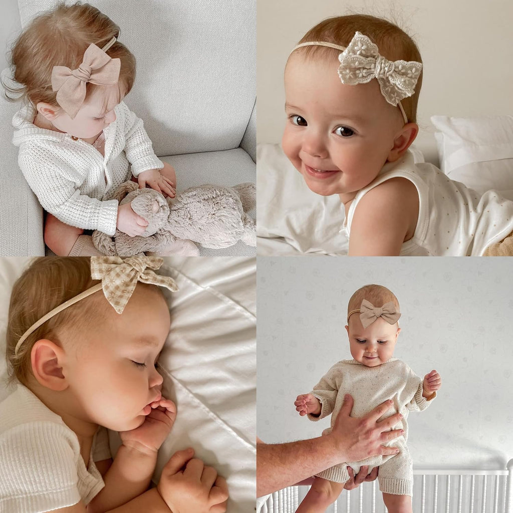 Baby Girl Bows and Headbands,14 pcs Stretchy Soft Nylon Hairbands Hair Bows for Newborns, Infants, Toddlers