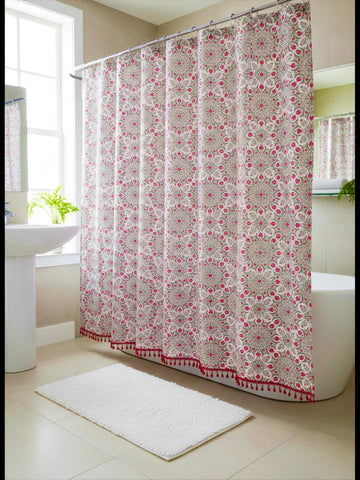 Pink Fabric Shower Curtain : Floral Geometric Medallion Design Taupe Tan with Pink Fringe/Tassels 70" x 72"