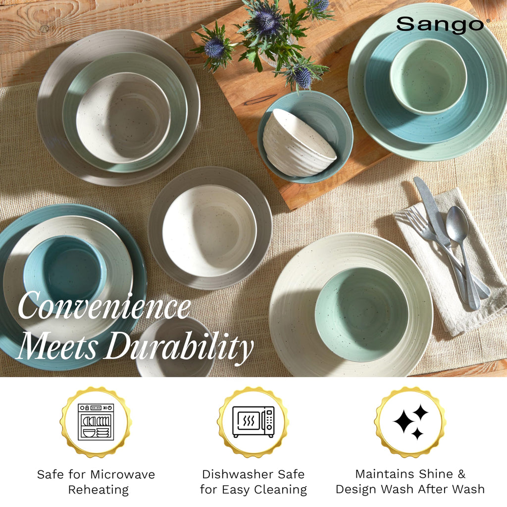 Siterra Artist's Blend 16-Piece Stoneware Dinnerware Set for 4, Green, Cream & White Glossy Dishes with Speckles