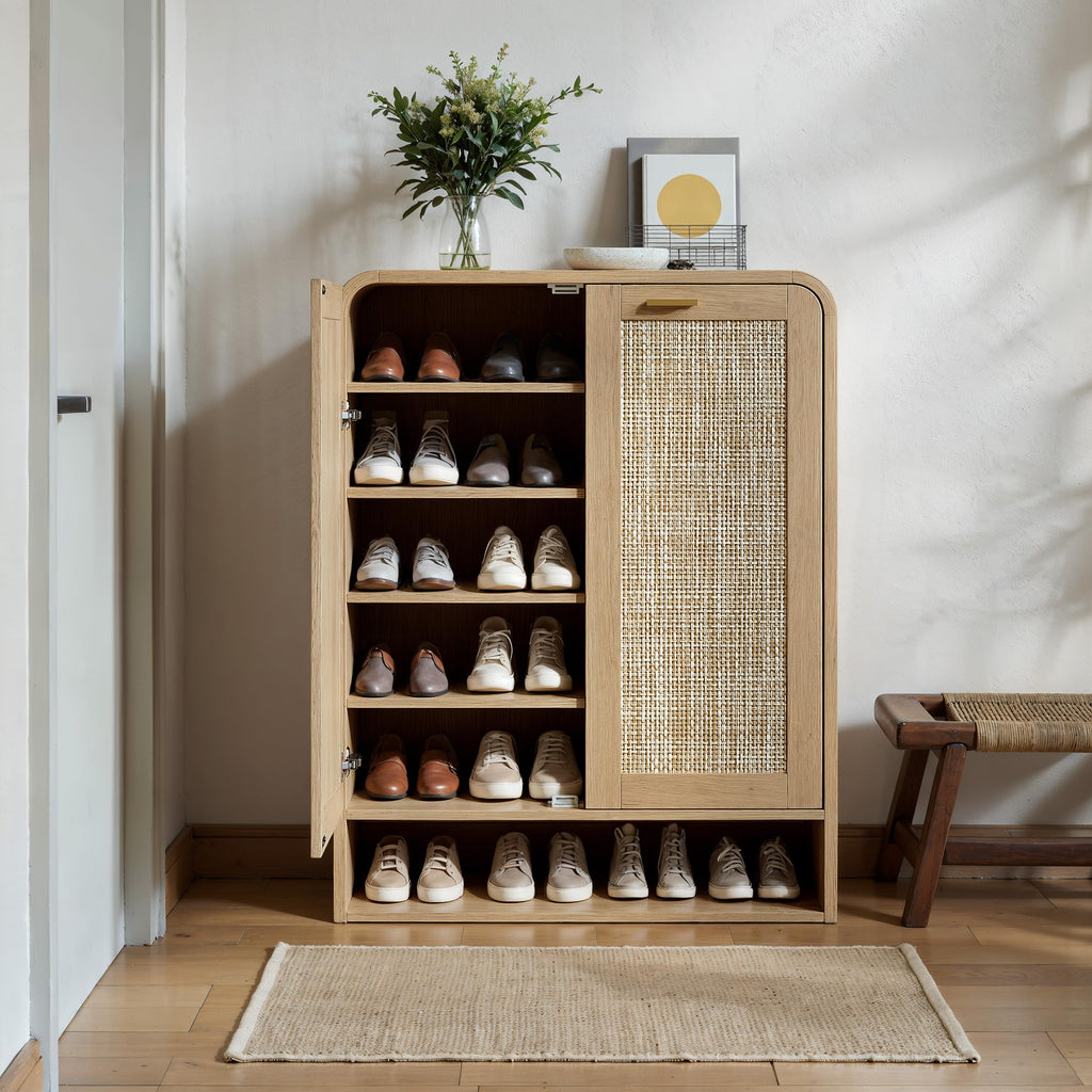 41 Inch Rattan Shoe Storage Cabinet Holds 24 Pairs, Natural Oak