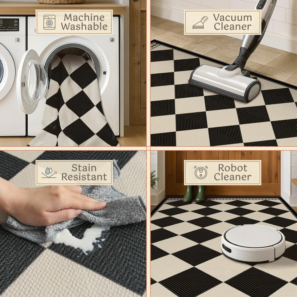 Black and White Checkered Easy Jute Laundry Room Rug Runner, Laundry Floor Mat, Washable Non Slip Diamond Boho