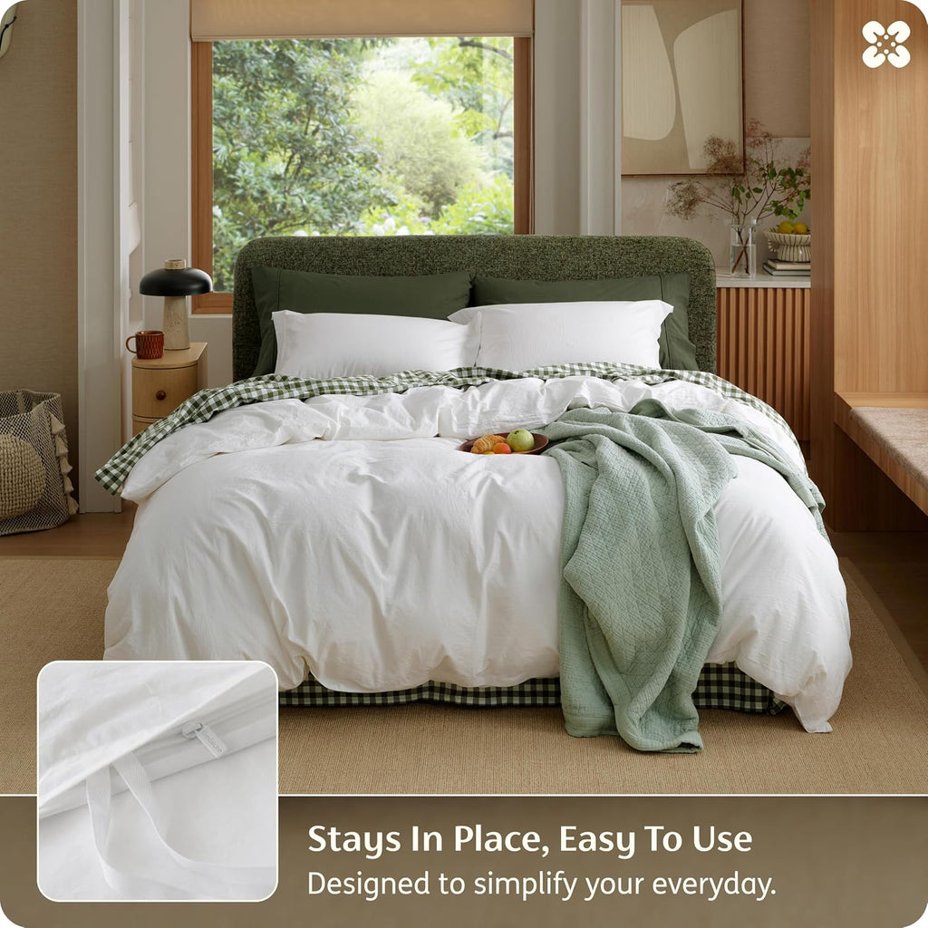 100% Washed Cotton Duvet Cover Queen - Natural White Minimalist Bedding Set Linen Like - PureWoven Plain Simple &