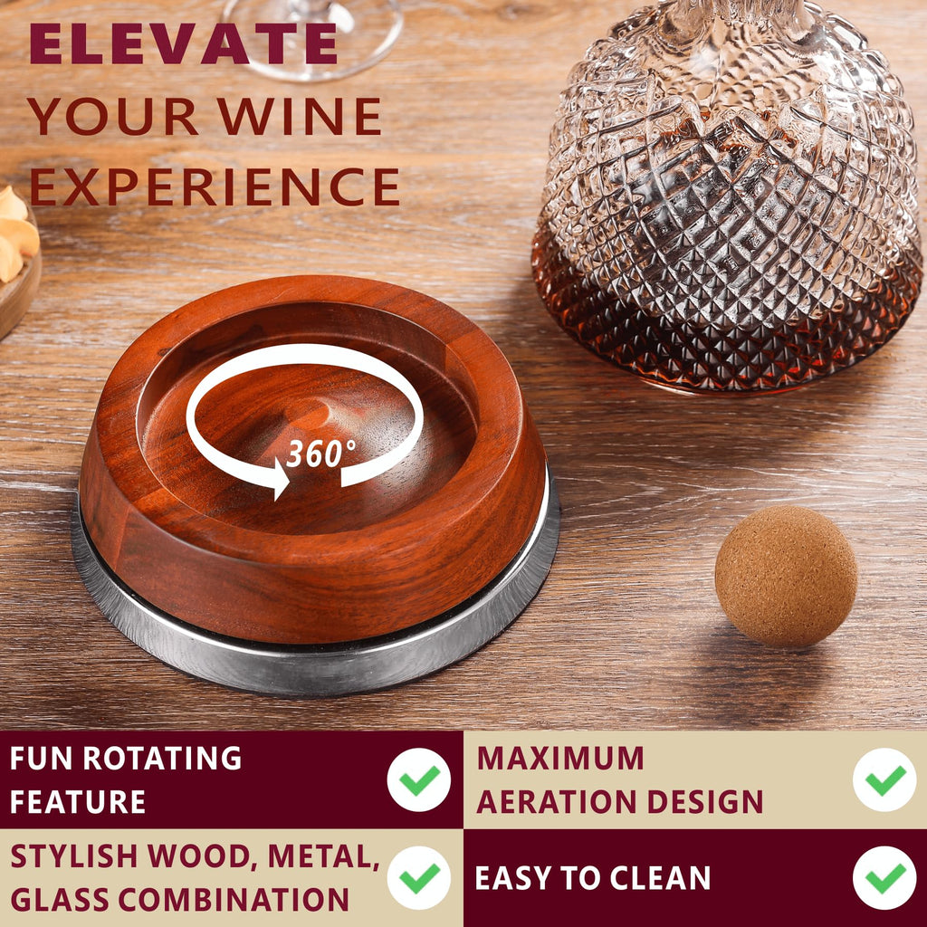 Rotating Wine Decanter Set with Solid Wood Base, Fun Crystal Glass Wine Carafe, Red Wine Decanter, Wine Accessories