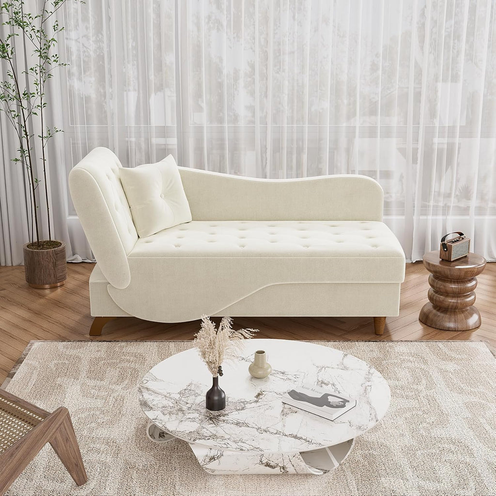Indoor Velvet Chaise Lounge Chair with Storage , Beige White | Reading chair chaise sleeper sofa bed with pillow, 3