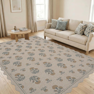 Scalloped Easy Jute 5x7 Area Rug Vintage Yellow Floral