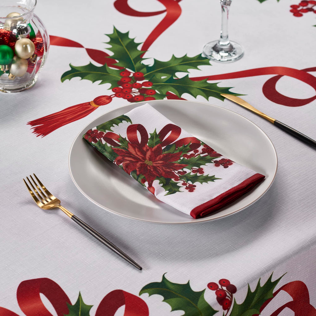 Christmas Ribbon Tablecloth (60 x 84 Inch) for 5 Foot Rectangle Tables, Heavy Duty Fabric, Stain Proof Xmas Ribbon
