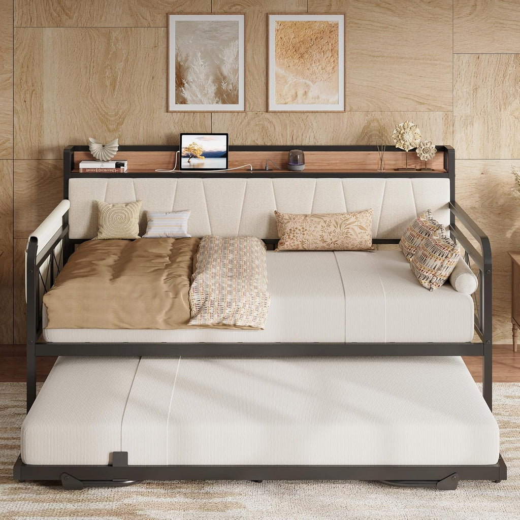 Twin XL Daybed, Day Bed Frame with Pop Up Trundle, Beige | Pop Up Trundle Bed with Smooth Wheels, Charging Station