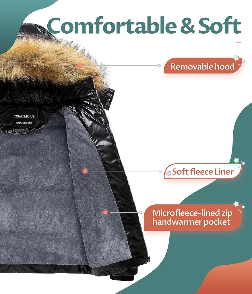 Girl's Kids Metallic Shiny Jacket with Detachable Fur Collar Warmth Winter Outerwear