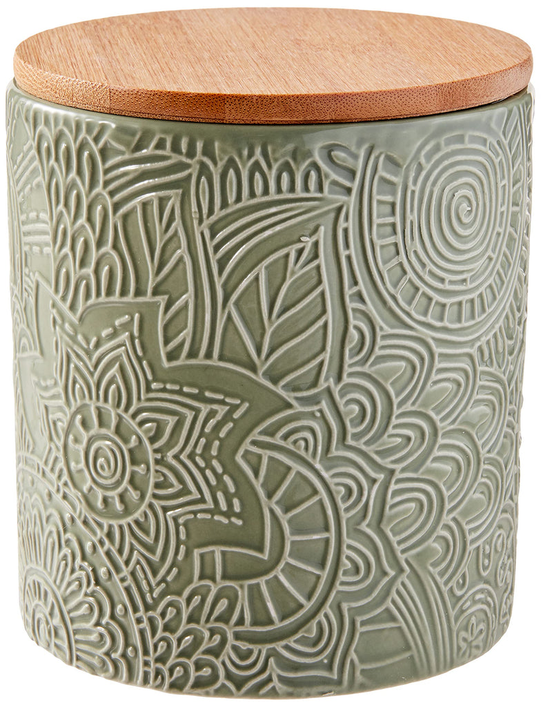 Ceramic Kitchen Canister Set Embossed, Wood Lids Sage, 4PC