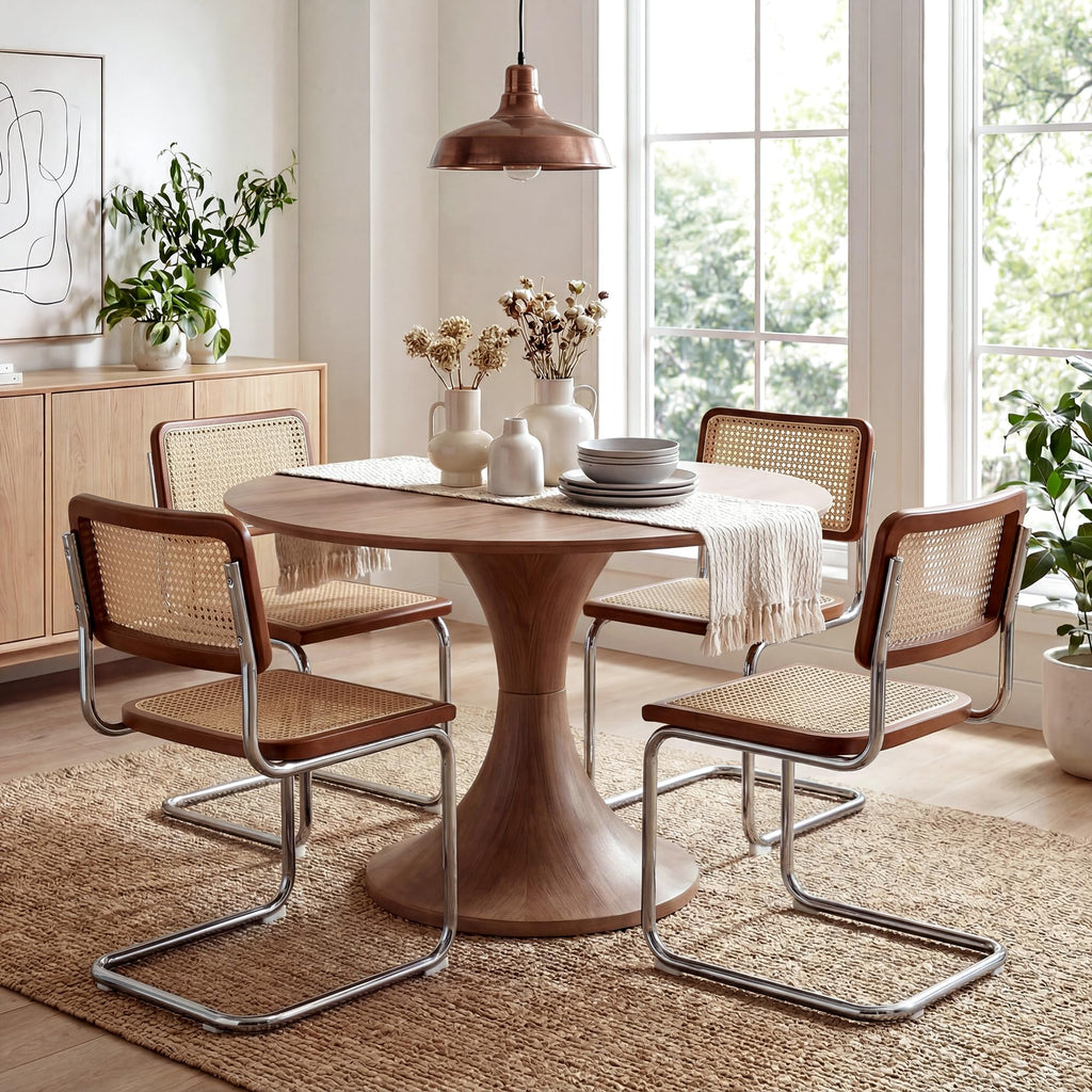 Rattan Dining Chairs Set of 2, Boho Modern Dining Chairs with Rattan Back, Curved Steel Base, Cantilever Kitchen
