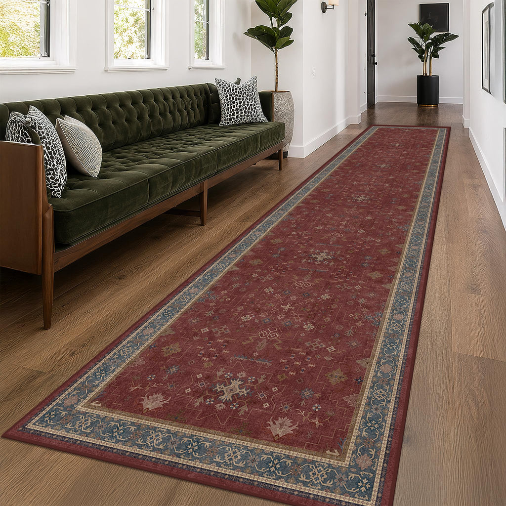 Boho Washable 3x16 Extra Long Hallway Runner Rug, Burgundy Waterproof Large Kitchen Floor Rug Indoor, Non-Slip Stain