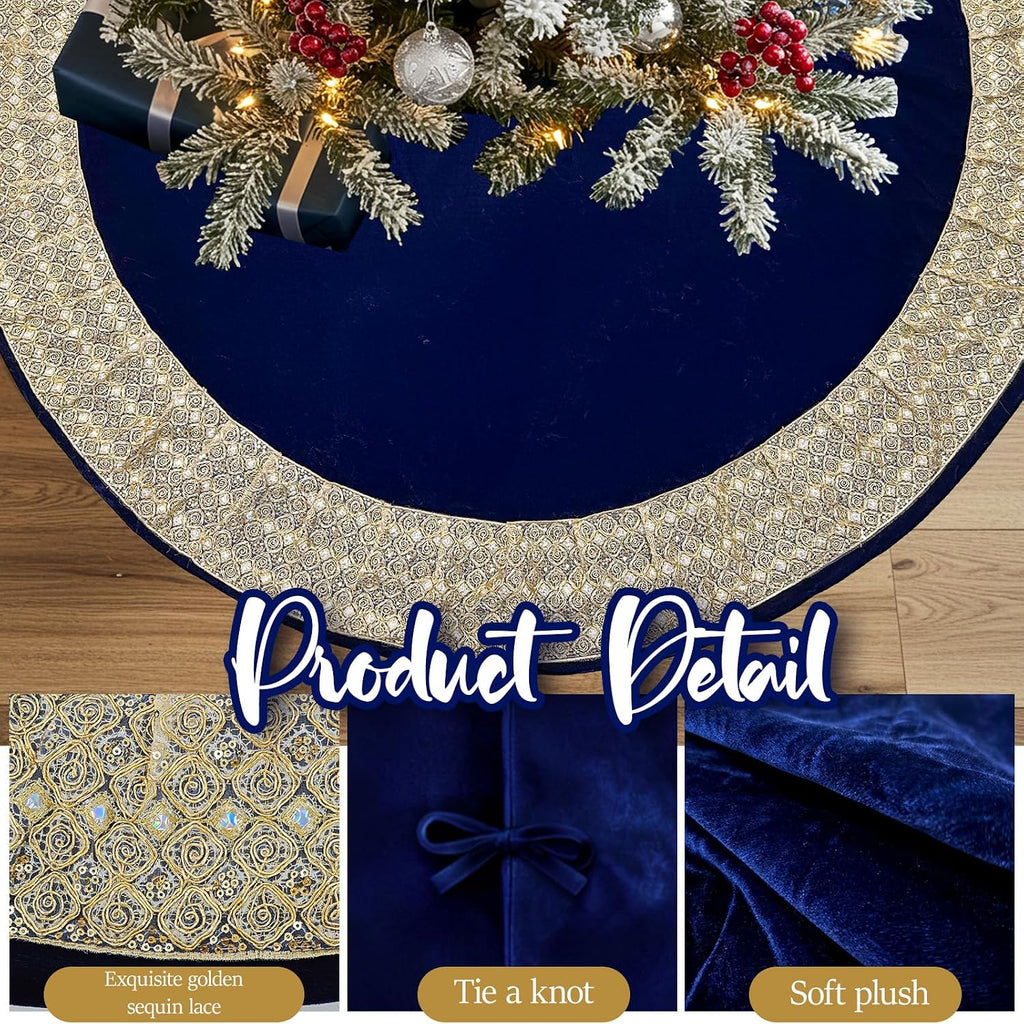 72Inch Christmas Tree Skirt, Extra Large Velvet Tree Base Cover with Gold Glitter Trim and Bow, Big Tree Skirt for