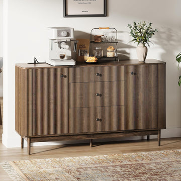 59" Buffet Cabinet with Drawers, Large Fluted Sideboard Buffet Storage Cabinet with Charging Station
