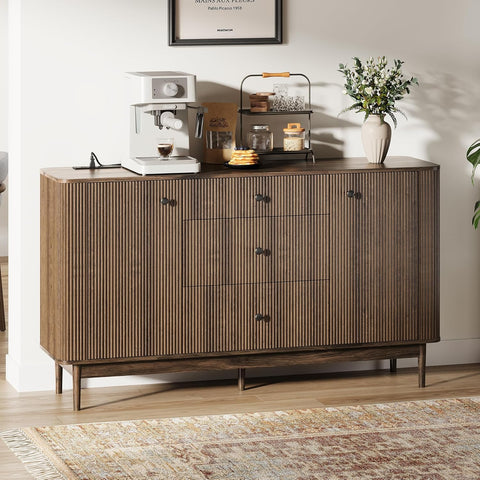 59" Buffet Cabinet with Drawers, Large Fluted Sideboard Buffet Storage Cabinet with Charging Station