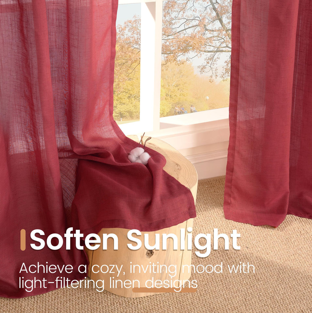 Burgundy Linen Curtains 45 Inch Length for Short Kitchen Window, Rod Pocket Semi Sheer Drapes Cafe Bathroom Decor