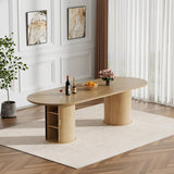 Round Extendable Dining Table, 94" Extendable Dining Room Table for 10, Retro Wooden Kitchen Expanding Table Oval Top