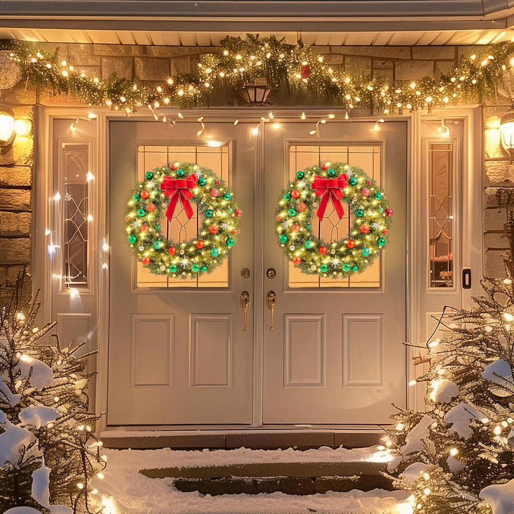 30in Large Artificial Christmas Wreath, Pre-lit Holiday Accent Decoration with Red Bow, 110 LED Lights & 300 PVC