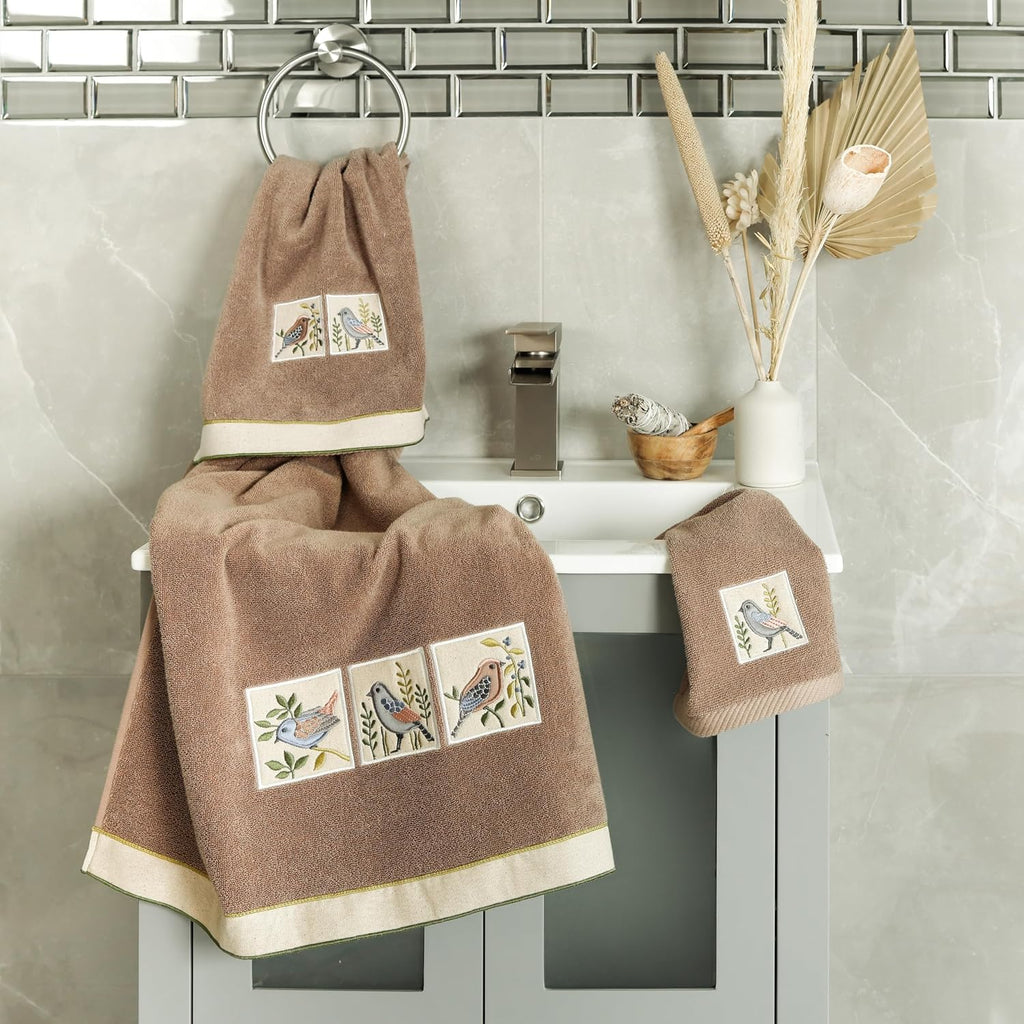 Vibrance 4-Piece Towel Set, Embroidered Birds, Premium Turkish Cotton, Plush Comfort, Country Elegance, 2 Bath 2 Hand