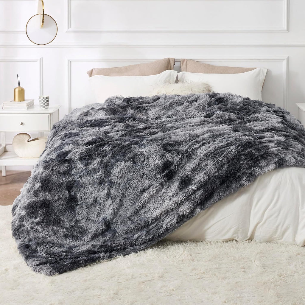 Faux Fur Fluffy Sherpa Fleece King Bed Blanket Grey 108"x90" | Fuzzy Plush, Thick Warm, Fall, Comfort Cozy Soft Home
