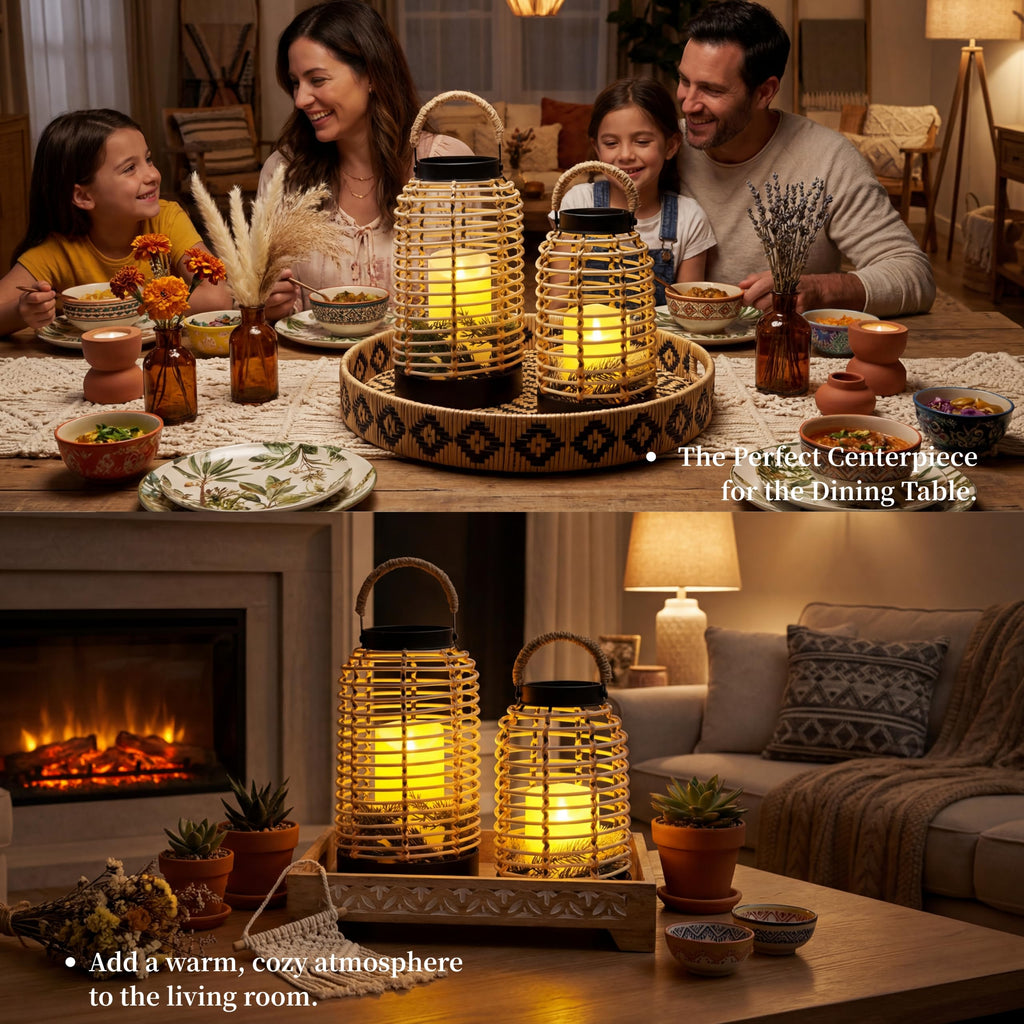 Handwoven Rattan Lantern Set, Straw Handle, Boho Style, Patio Lanterns.