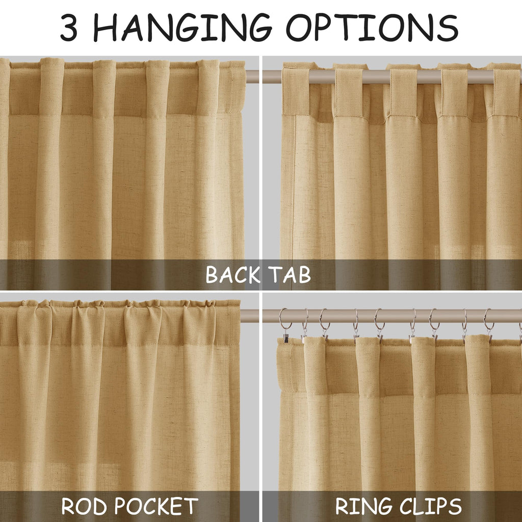 Gold Yellow Linen Curtains 63 Inches Long 2 Panel Set Light Filtering Linen Drapes Windows Rod Pocket Back Tab Short