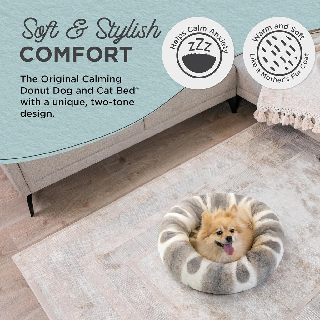 Patterned Lux Faux Fur Calming Donut Dog Bed, Gray, Small, 23x23