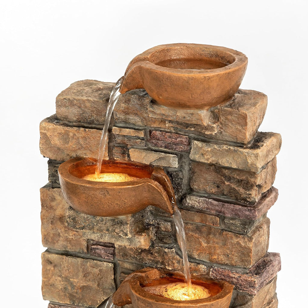 28.5" Outdoor 4-Tier Stacked Stone Cascading Water Fountain with LED Lights, Brown
