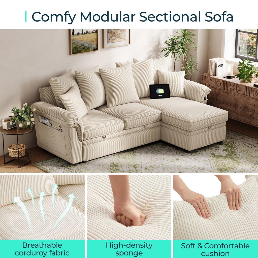Sectional Couch with Pull Out Bed, Large Corduroy Modular Sleeper Sofa, Storage Chaise, Wide Armrest, 90" 3 Seats