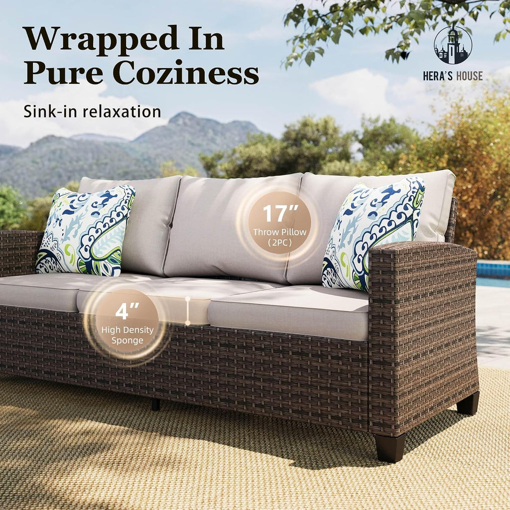 Swivel Glide Patio Furniture Set with Fire Pit Table Wicker | Outdoor 6 Pieces Sectional Conversation Sofa Sets for