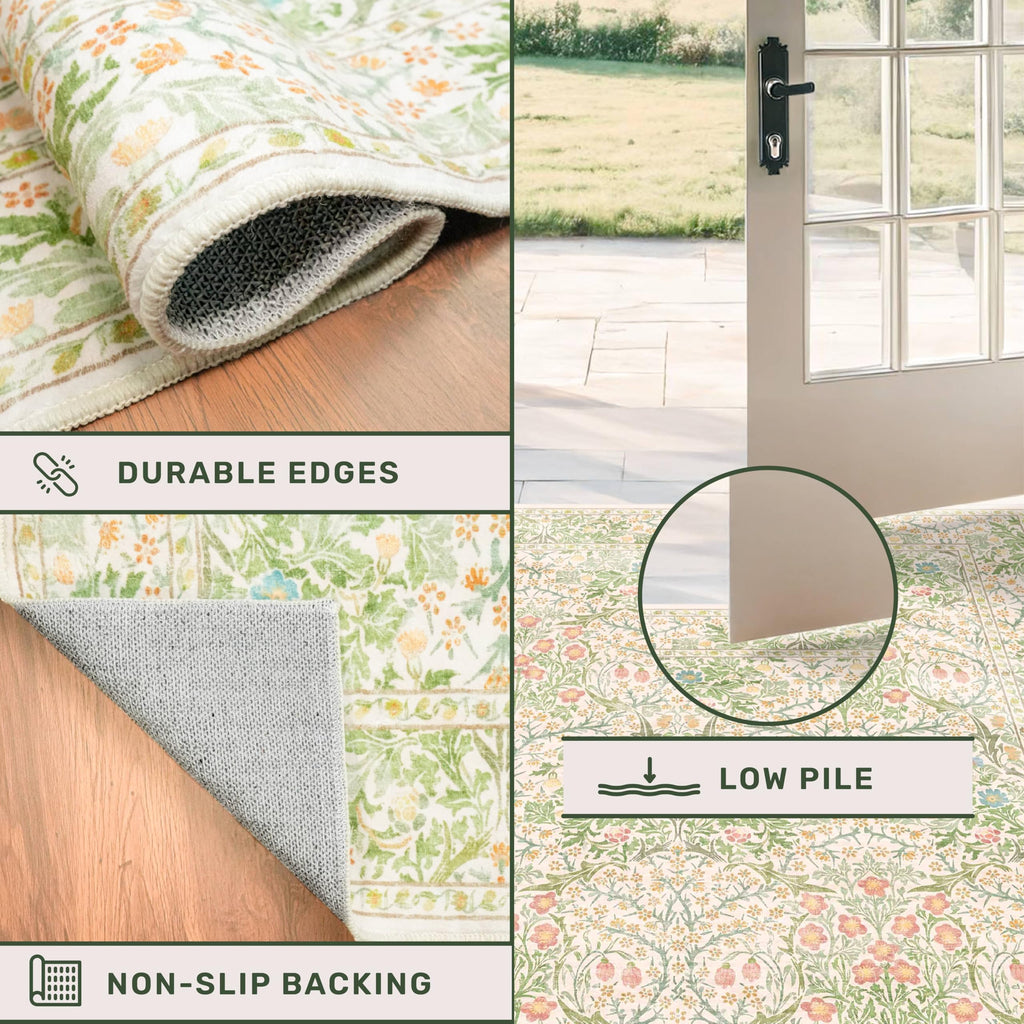 Vintage Washable Beige Green 10x14 Rug - Extra Large Area Rug Under Table, Soft Low Pile Carpet - Victorian Forest
