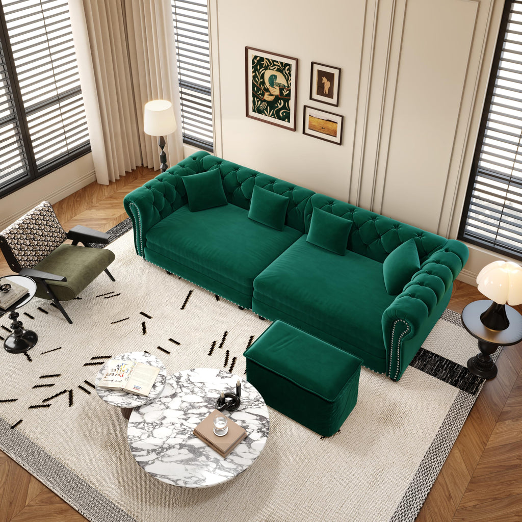 89" King Size Sleeper Sofa Bed, 3-in-1 Convertible Pull Out Chesterfield Sleeper Couch with Ottoman, Oversized Velvet