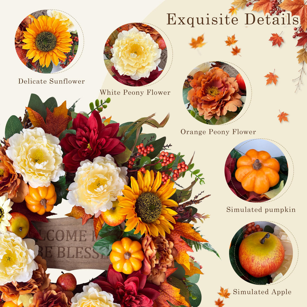 26'' Fall Wreath for Front Door with Light and Timer, Thanksgiving