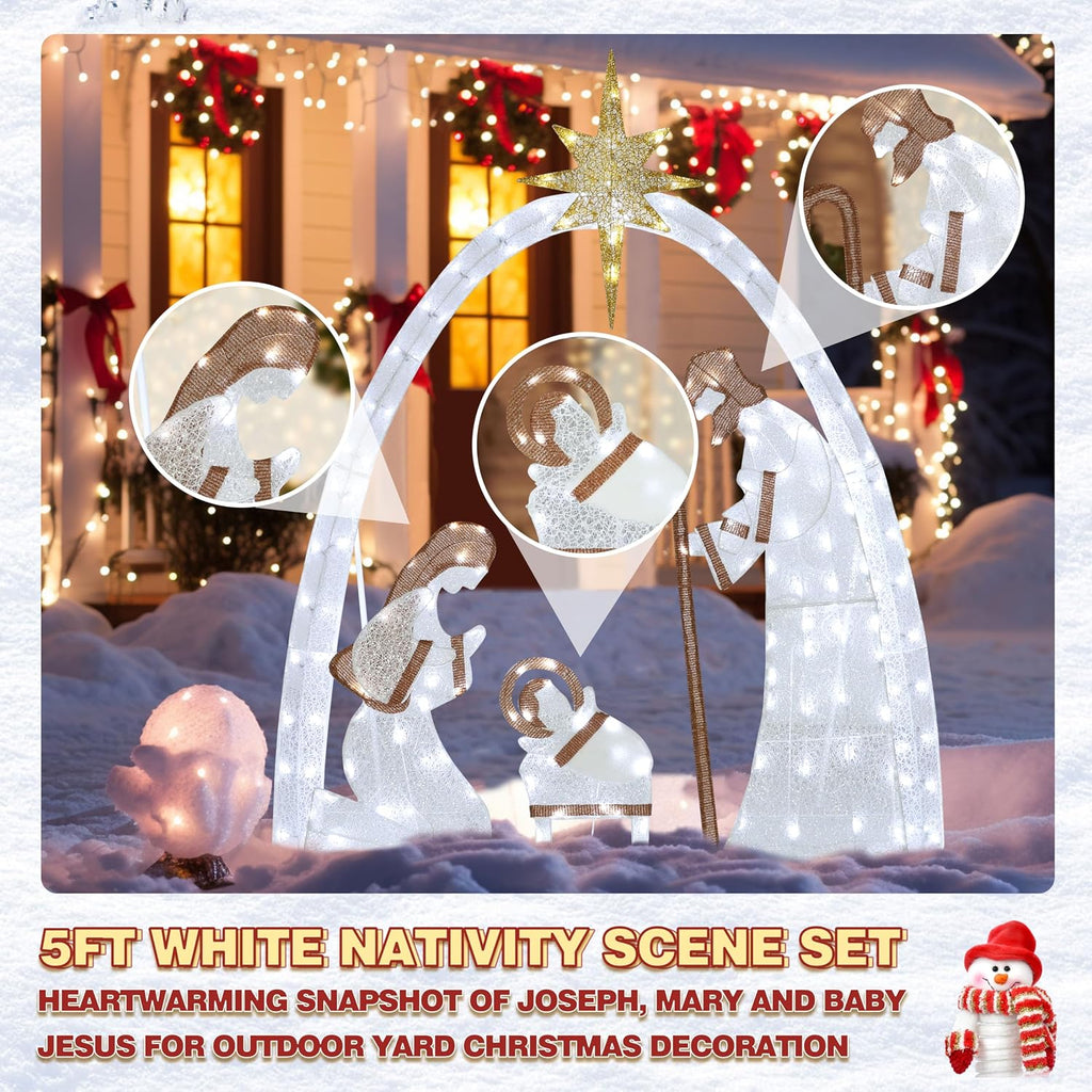5FT Lighted Nativity Scene Set with 170 LED Lights for Christmas Decoration, Pre-Lit Iridescent Nativity Scene Xmas
