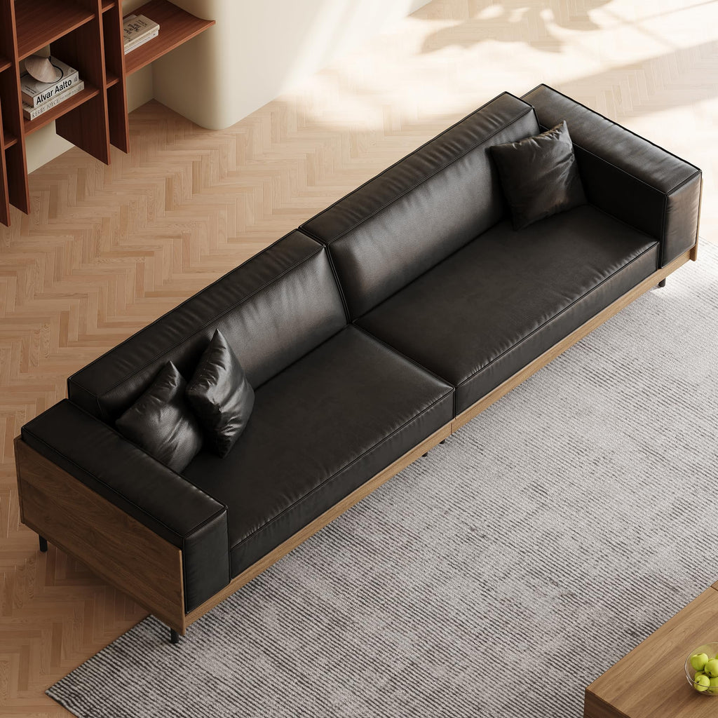 106.29" Black Leather 4-Seater Mid-Century Modern Sofa