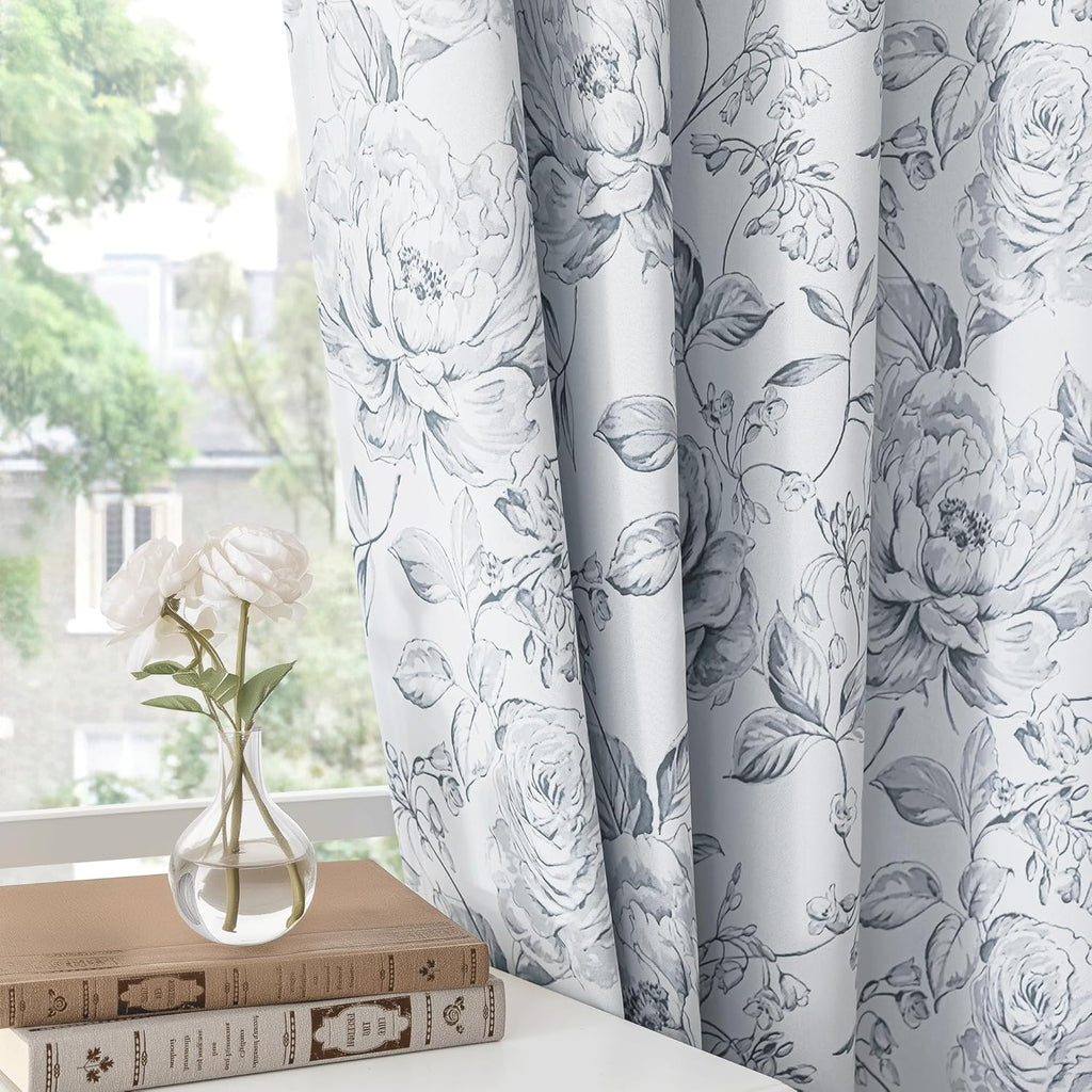 Floral 100% Blackout Curtains 84 Inches Long 2 Panels for Bedroom Living Room Grey White Farmhouse Rose Flower