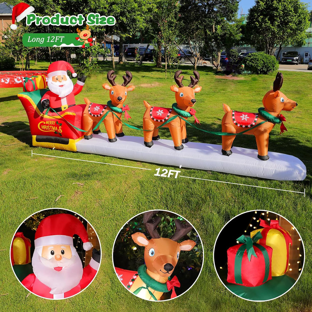 12FT Long Christmas Inflatables Santa Claus on Sleigh with 3 Reindeer Yard Decoration, Cute Blow Up Santa Xmas Decor