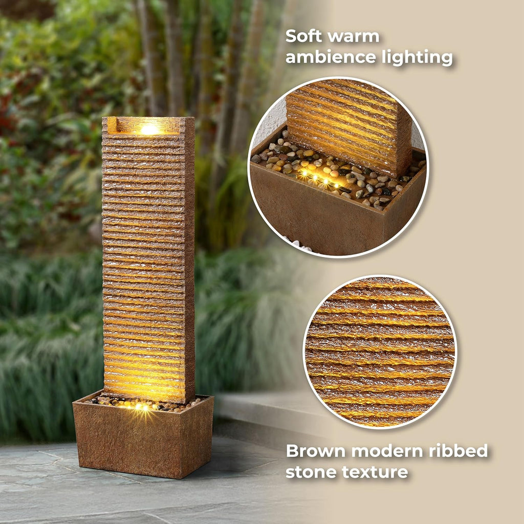 Ridged Texture Outdoor Water Fountain - Warm Glow Lighting with Built-in Electric Pump & Simple Setup, Brown