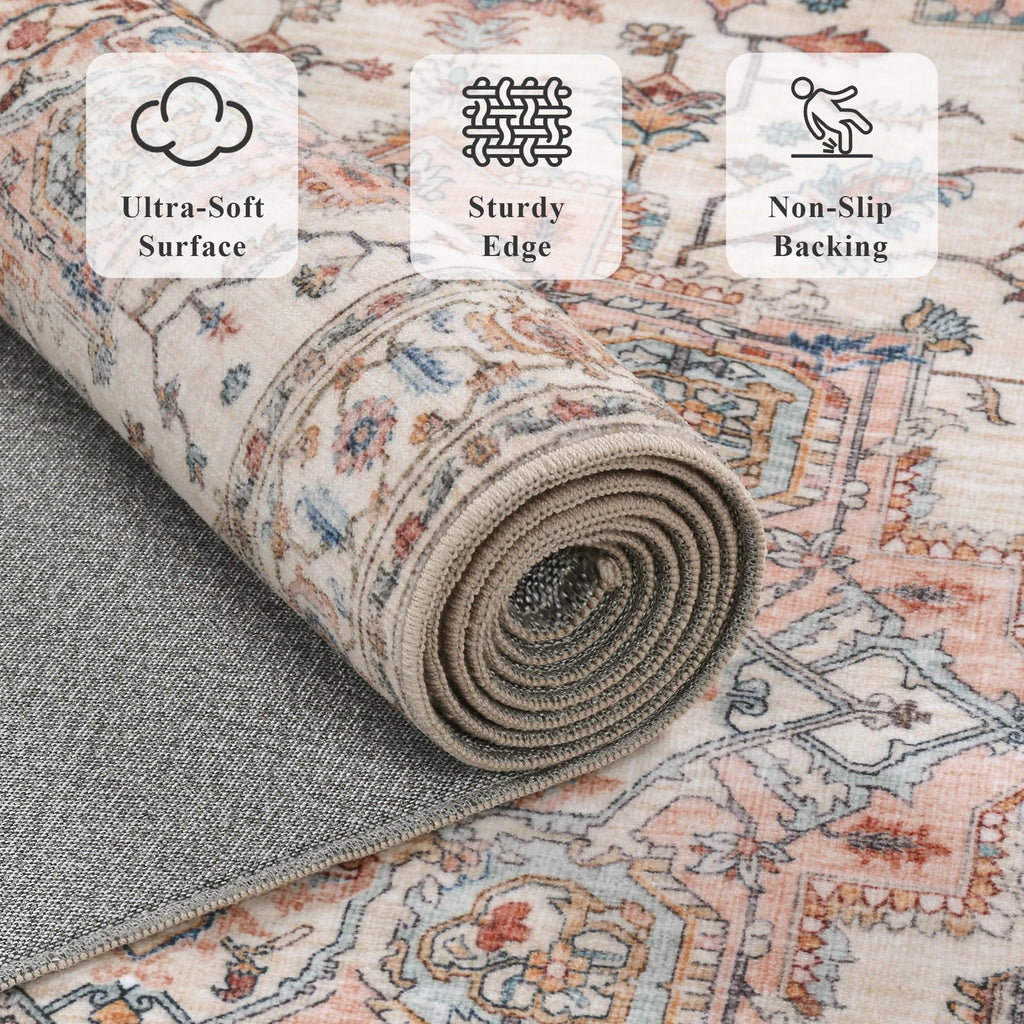 6ft Round Rug Low Pile Washable Vintage Circle Rug Indoor Carpet