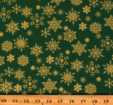 Cotton Holly Jolly Christmas Winter Metallic Gold Snowflakes on Green Cotton Fabric Print by The Yard (D402.61)