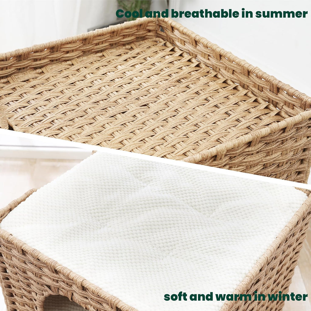 Safety Triple-Layer Cat House for Indoor Cats - Hand-Woven Rattan Cat Cave with 2 Hideaways & 3 Soft Pads - Foldable