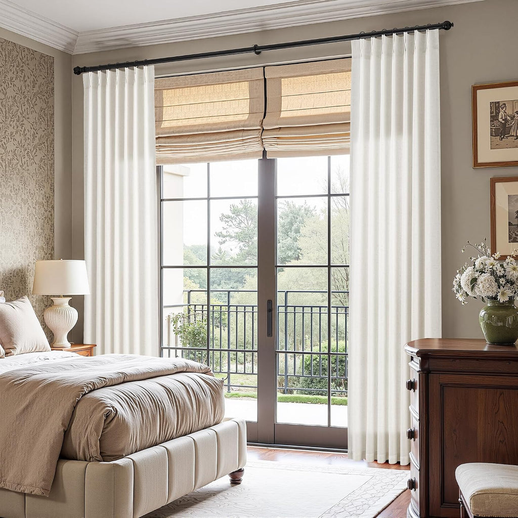 Pinch Pleated Linen Curtains Semi Sheer 98 Inches Long 2 Panels Natural Cream Curtain for Rustic Farmhouse Back Tab